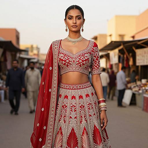 Photograph of a confident South Asian woman in a red and gold traditional lehenga set, ornate jewelry, and intricate embroidery, standing in a bustling
