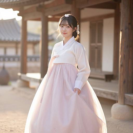 Photograph of a young Asian woman in a traditional white hanbok, standing in a sunlit wooden Korean village courtyard.