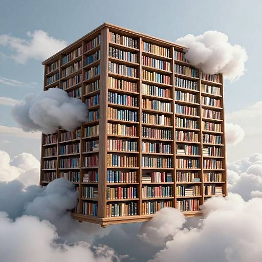 A surreal digital illustration of a towering, wooden, multi-story bookshelf floating amidst fluffy white clouds against a clear blue sky.