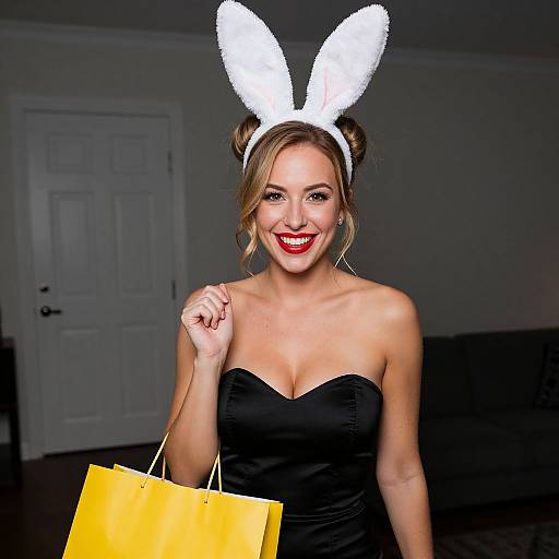 Photograph of a smiling blonde woman in black strapless dress, white bunny ears, holding yellow shopping bags, in dimly lit room.