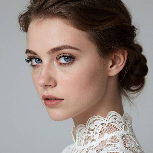 Close-up photograph of a fair-skinned, blue-eyed woman with dark brown, wavy hair in a braided bun, wearing a white lace collar