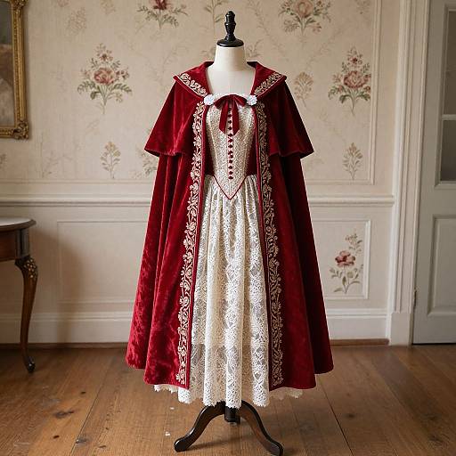 Photograph of a vintage-style dress mannequin displaying a red velvet cloak with white lace trim over an ornate white lace dress, set against a