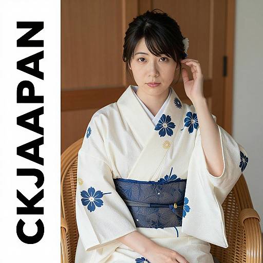 Asian woman in white kimono seated indoors
