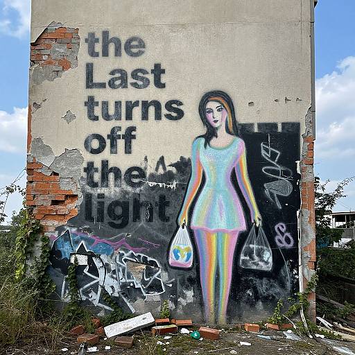 Graffiti mural of a rainbow-clad woman holding bags on a weathered, brick wall with 