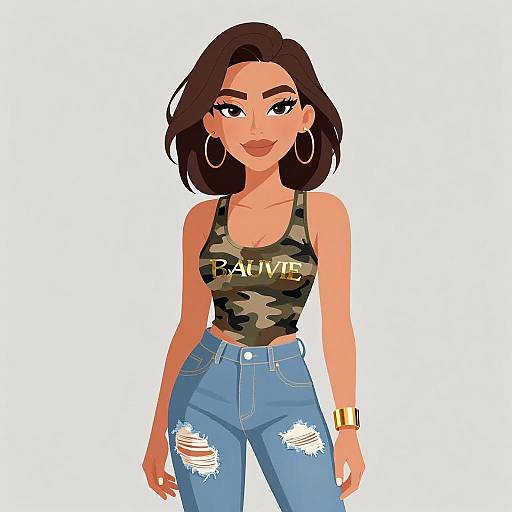 Digital illustration of a confident woman with dark brown hair, wearing a camo 