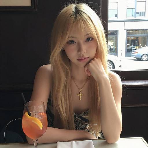 Asian Woman with Blonde Hair and Cocktail