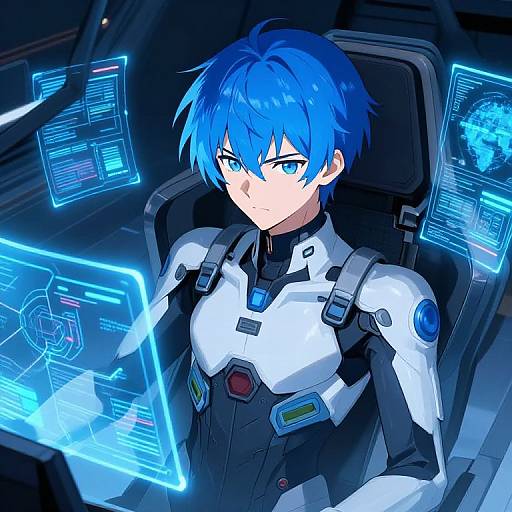 Digital anime-style drawing of a blue-haired, blue-eyed male pilot in a white and black futuristic suit, surrounded by glowing blue holographic screens.