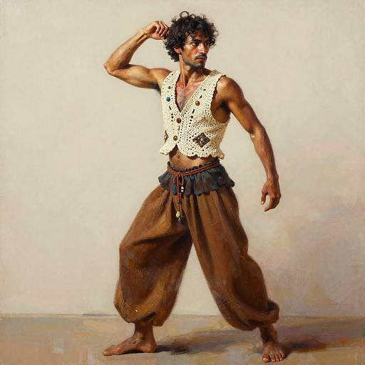Photorealistic digital painting of a muscular, dark-skinned man with curly black hair, wearing a white crochet vest and brown harem pants, striking