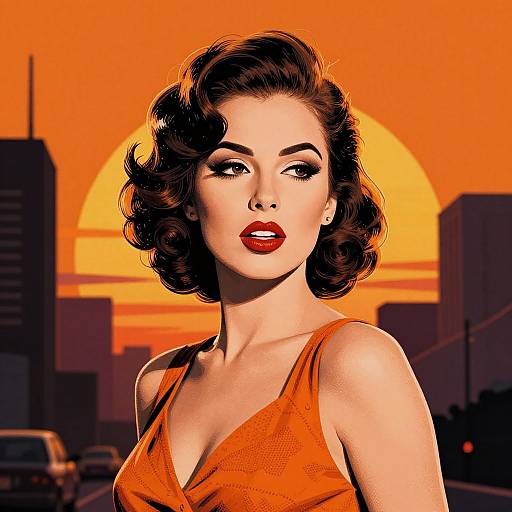 Digital illustration of a 1950s-style woman with red lipstick, curled brown hair, and orange dress, against a vivid sunset cityscape.
