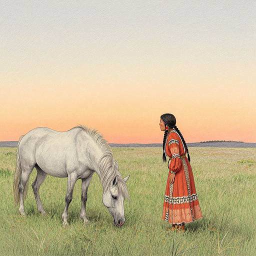 Photograph of a woman in a vibrant orange traditional dress standing beside a white horse grazing in a green field at sunset.
