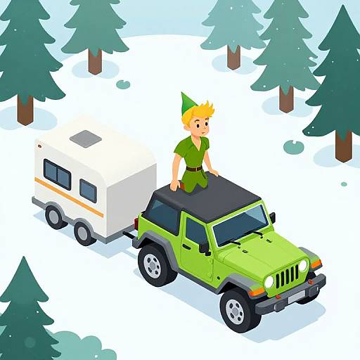 Isometric digital illustration of a green-jumpsuit-clad Puck-like character standing on a green jeep towing a white trailer, in a snowy forest