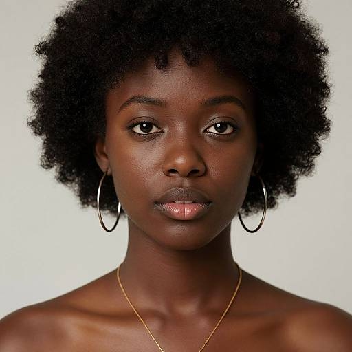 Photograph of a beautiful, dark-skinned African woman with natural afro, large hoop earrings, subtle gold necklace, and glossy lips, against a