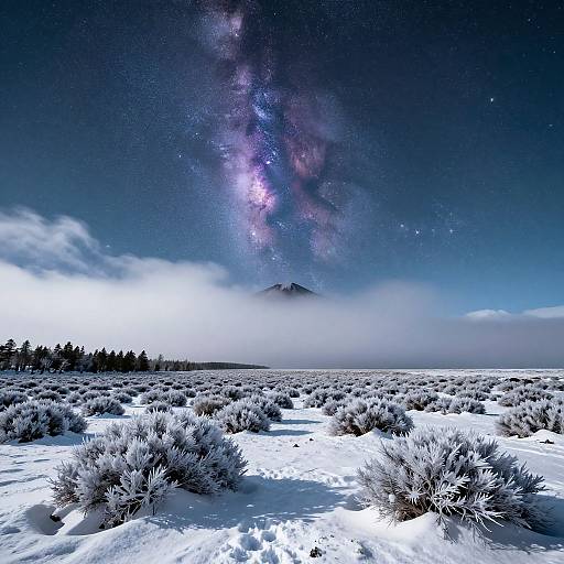 Photograph of a snowy landscape at night, featuring frost-covered bushes, a distant mountain, and a vibrant Milky Way galaxy stretching across the starlit sky