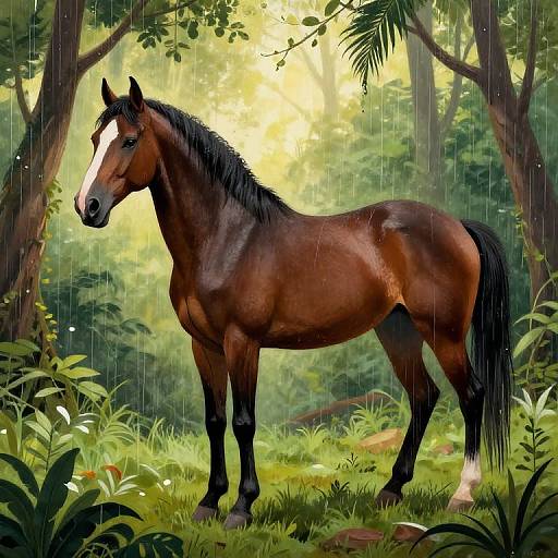 Digital painting of a brown horse with a white blaze, standing in a lush, rain-soaked forest, surrounded by vibrant greenery.