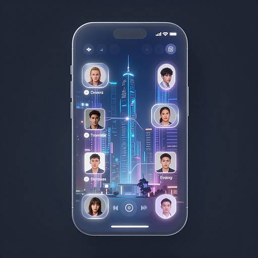 Photograph of a glowing, futuristic smartphone display showing six profile pictures of diverse individuals against a neon cityscape background.