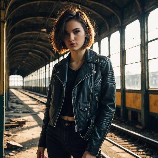 Young Woman with Razor Cut Bob in Leather Jacket at Abandoned Train Station