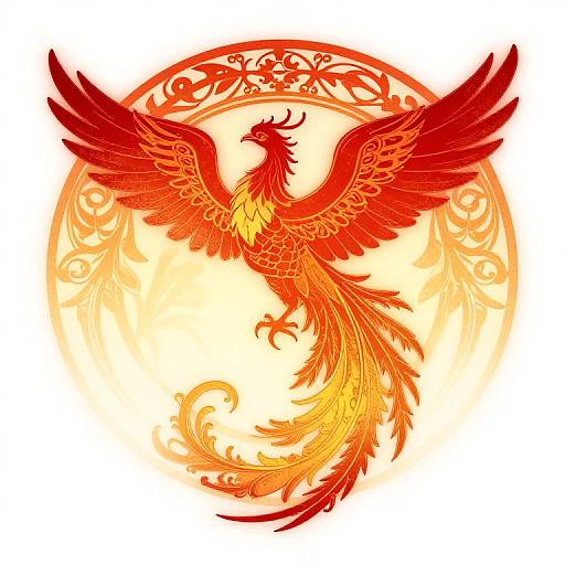 Digital illustration of a vibrant red and orange phoenix with intricate feather patterns, soaring within a circular, ornate, flame-like background.