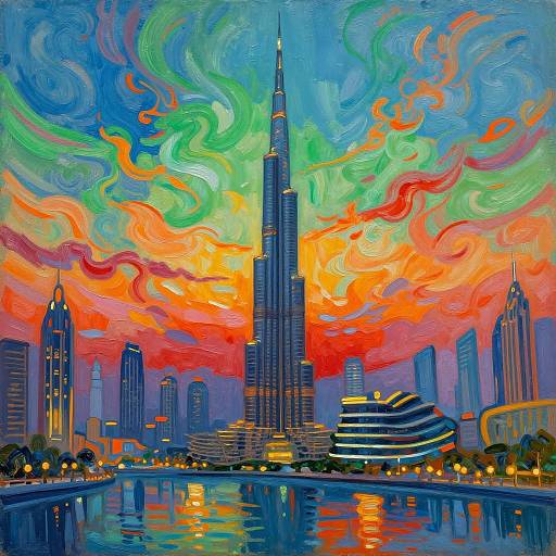 Vibrant digital painting of a city skyline with a tall skyscraper, colorful swirling sky, and reflective water, featuring bold reds, oranges,