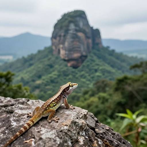 Photograph of a green and brown lizard on a rocky outcrop, with a blurred, lush mountain and forest in the background.