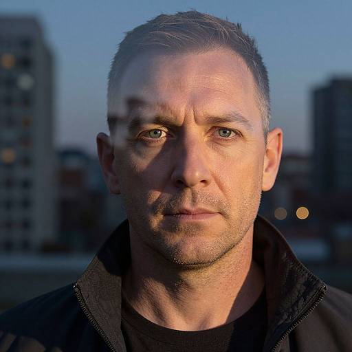 Photograph of a middle-aged man with short gray hair, fair skin, blue eyes, shadowed face, wearing a black jacket, against a blurred