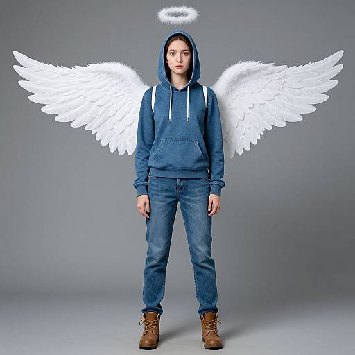 Photograph of a young woman with white angel wings, halo, wearing a blue hoodie, jeans, and brown boots, standing against a gray background.