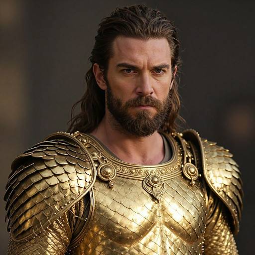 Photograph of a muscular, bearded man with long dark hair, wearing elaborate, golden, scale-patterned armor, looking intensely forward. Dark,