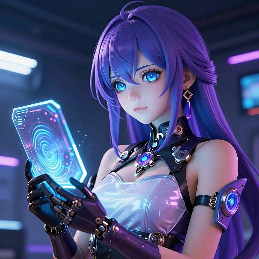 Digital CGI of a blue-eyed, purple-haired anime girl with futuristic armor, holding a glowing holographic card in a neon-lit cyberpunk setting.