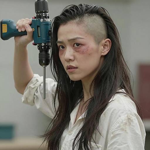 Intense Woman with Drill and Bruise