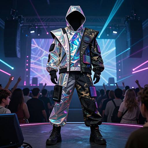 Photograph of a performer in a reflective, metallic hooded jacket and camouflage pants, black face mask, standing on stage with colorful laser lights and a