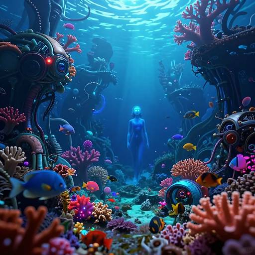 Digital art of a vibrant, alien underwater scene with colorful corals, mechanical creatures, and a glowing blue figure in the center.