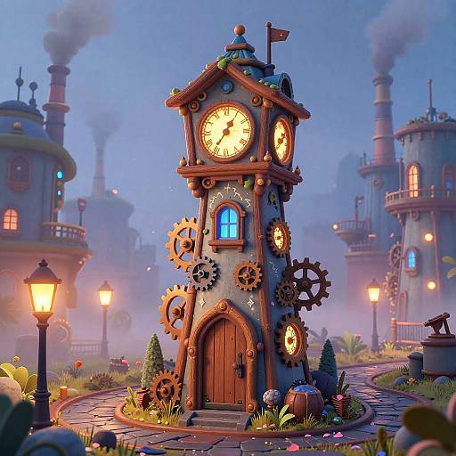Whimsical clock tower with glowing clock face, gears, and blue window, set in a foggy, steampunk-inspired village at dusk.
