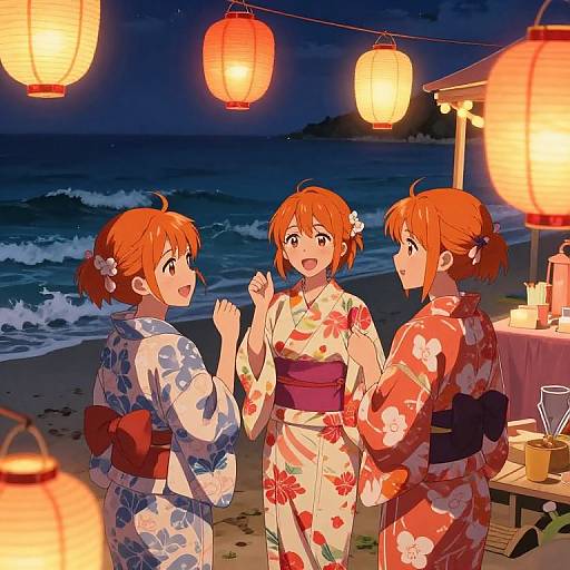 Three anime-style girls with orange hair in colorful kimonos, laughing and chatting under glowing paper lanterns on a beach at night.