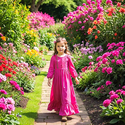 Girl in Pink Dress Walking in Flower Garden