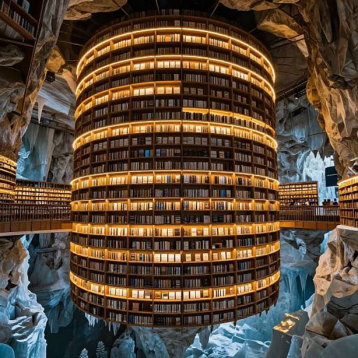 Photograph of a massive, cylindrical library with glowing, illuminated bookshelves set within a rocky, cavernous environment. Warm yellow lights contrast with cool