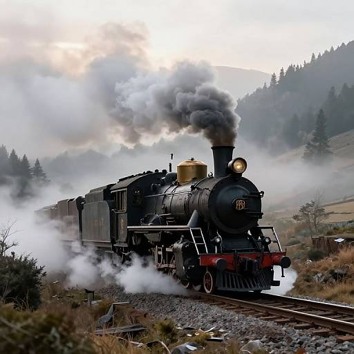 Photograph of a vintage black steam train emitting smoke, traveling through a misty, mountainous forest with pine trees and overcast sky.