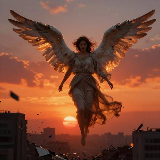 Photograph-style digital illustration of a winged angel with flowing brown hair and white dress, flying against a vibrant orange sunset, with silhouetted