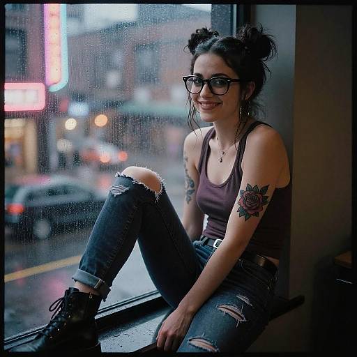 Wistful Goth Woman by Rainy Window