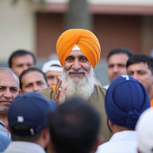 Photograph of an elderly Indian man with a long white beard, wearing an orange turban, smiling, gesturing with his right hand, surrounded by
