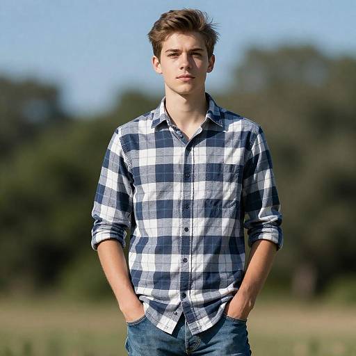 Young Man in Blue Plaid Shirt Outdoors