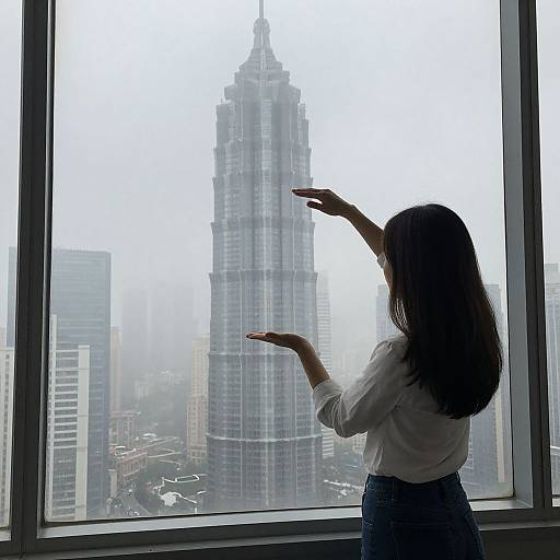 Photograph of a woman with long brown hair, wearing a white blouse and blue skirt, silhouetted against a foggy cityscape, pointing