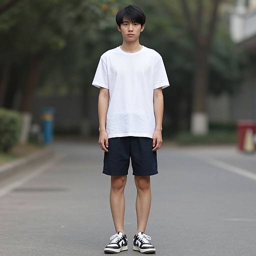 Photograph of a young Asian man with short black hair, wearing a white t-shirt, black shorts, and black and white sneakers, standing on a