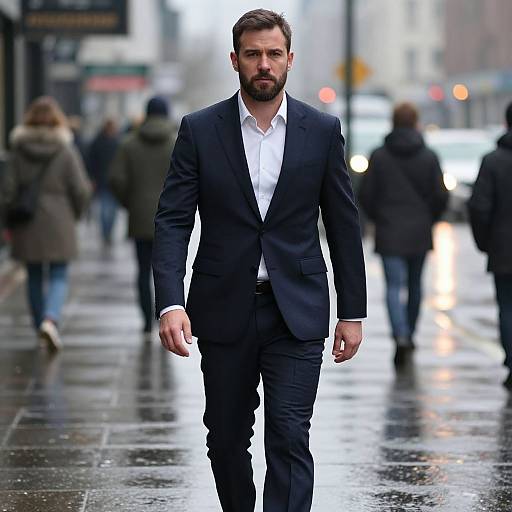 Photograph of a serious, bearded man in a black suit and white shirt walking on a wet, reflective city street, blurred pedestrians in the background