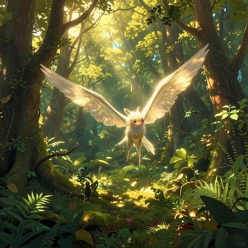 Digital painting of a radiant, winged creature with glowing feathers in a sunlit, dense forest, surrounded by lush greenery and sunlight filtering through tall