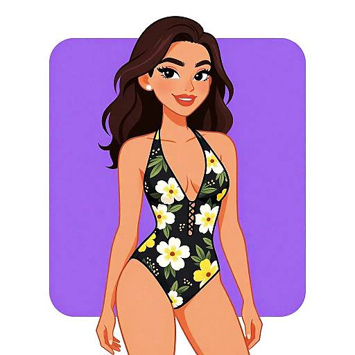 Digital illustration of a smiling woman with long brown hair, wearing a black floral one-piece swimsuit, against a purple square background.