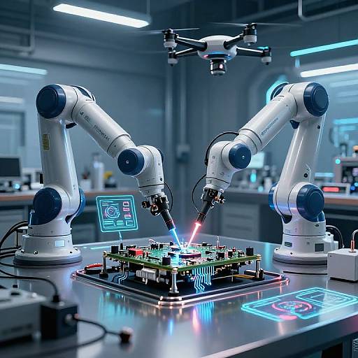 Photograph of a high-tech laboratory with two white robotic arms welding a circuit board, illuminated by neon lights, and a drone hovering above.