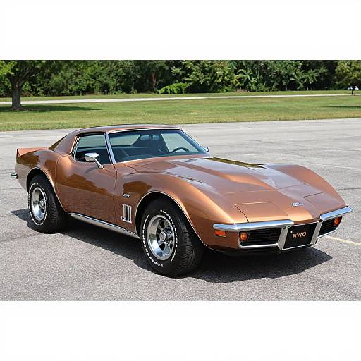 Photograph of a shiny, copper-colored, classic 1969 Chevrolet Corvette convertible parked on a sunny, empty asphalt lot with green trees in the background