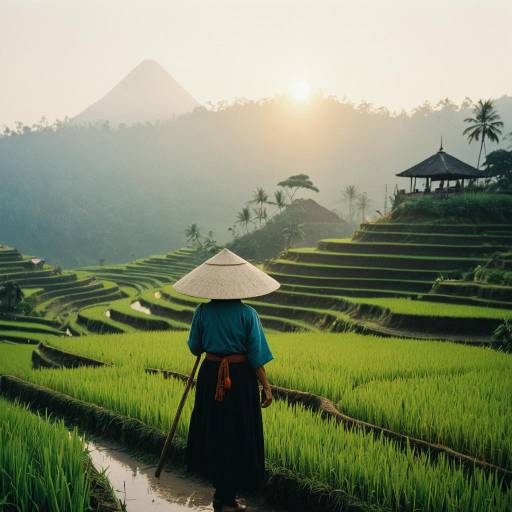 Old Woman in Rice Terrace at Sunrise