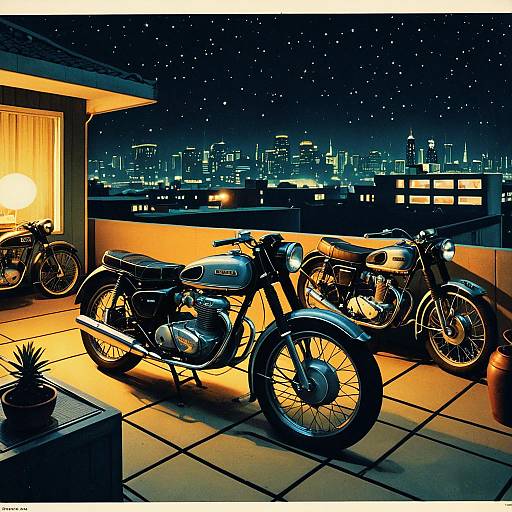 Classic Vintage Motorcycles on Rooftop at Night