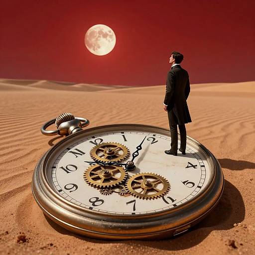 Photograph of a man in a black suit standing on a giant clock face in a red desert, with a large full moon in the red sky.