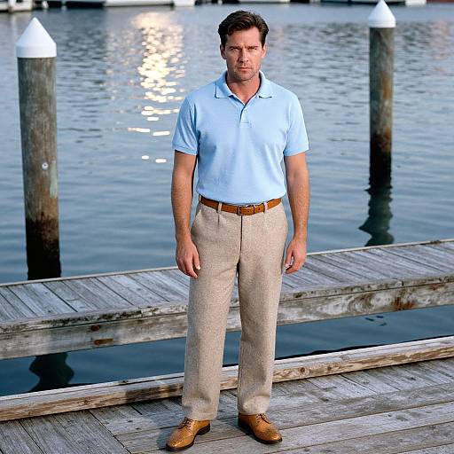 Photograph of a tall, handsome man with short brown hair, wearing a light blue polo, beige pants, brown belt, and brown shoes, standing